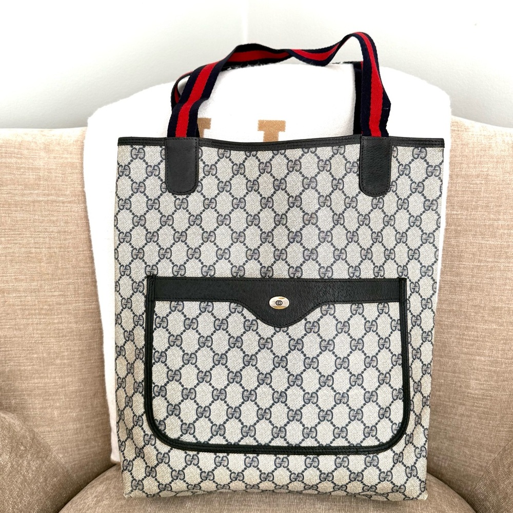 Gucci authentic navy grey monogram coated canvas tote bag ribbon handles - Picture 4 of 16